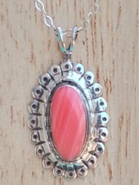 925 Sterling Silver Pink Coral Navajo Fred Maloney Vintage Pendant Necklace